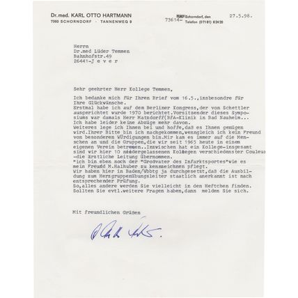 Karl Otto Hartmann German Scientist Heart Surgeon Hand Signed Letter