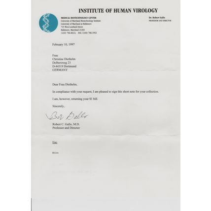 Robert C Gallo Historic AIDS HIV Professor Virologist Hand Signed Letter