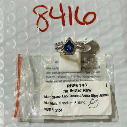 NIB Bomb Party Sz8 BP Ring RBP6143 I'm Better Now LC Aqua Blue Spinel Rhodium Pl