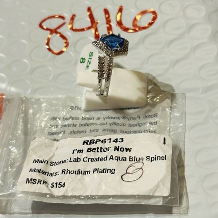 NIB Bomb Party Sz8 BP Ring RBP6143 I'm Better Now LC Aqua Blue Spinel Rhodium Pl