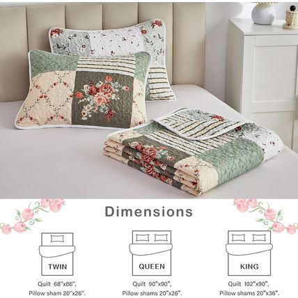 Patchwork Quilt Set Full/Queen Size, 3 Pieces Green Floral Plaid Summer Bedsprea