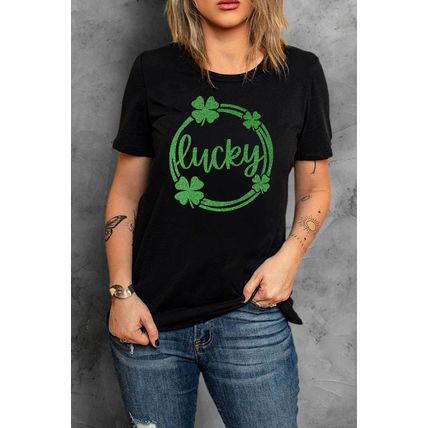 Black St Patrick Sequin Lucky Clover Print Short Sleeve T-shirt