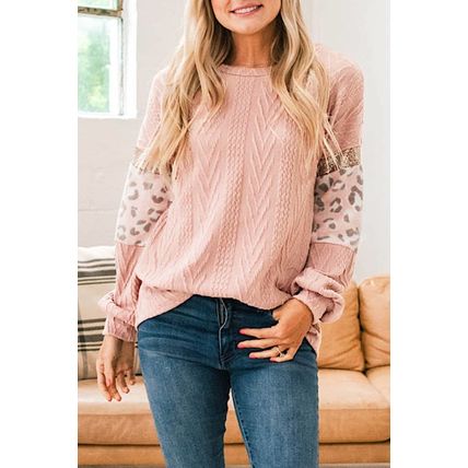 Pink Leopard Sequin Splicing Sleeves Textured Knit Top