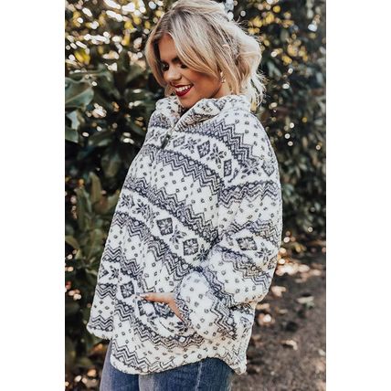 White Sherpa Geometric Print Quarter Zip Plus Size Pullover