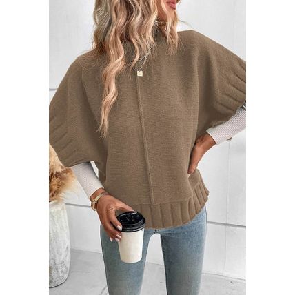 Desert Palm Mock Neck Batwing Short Sleeve Knit Sweater