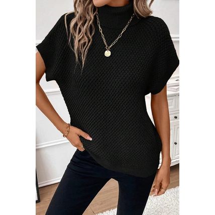 Black Turtleneck Textured Short Sleeve Sweater