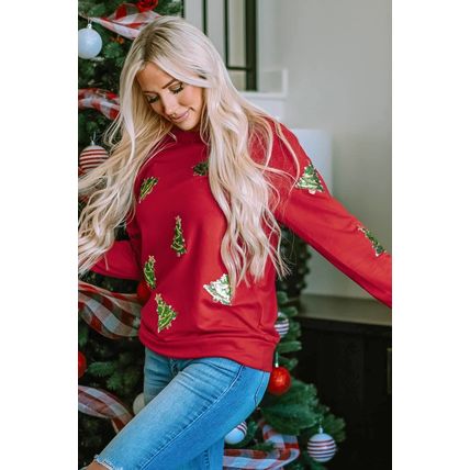 Fiery Red Sequined Christmas Tree Raglan Sleeve Sweatshirt
