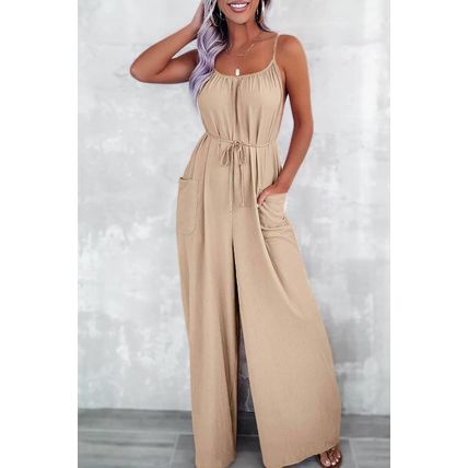 Apricot Spaghetti Straps Waist Tie Wide Leg Jumpsuit with Pockets