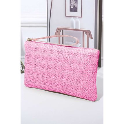 Rose Red Straw Woven Wrist Strap Zipper Large Wallet