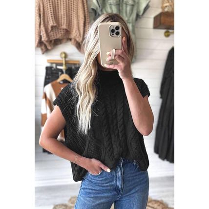 Black Solid Color Cable Knit High Neck Sweater Vest