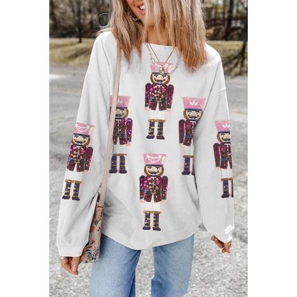White Sequin Nutcracker Graphic Christmas Fashion Corded Sweatshirt