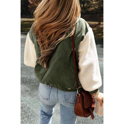 Mist Green Corduroy Fleece Patchwork Buttoned Bomber Jacket