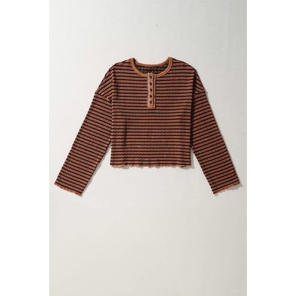 Brown Stripe Textured Frilly Trim Buttons Henley Long Sleeve Top