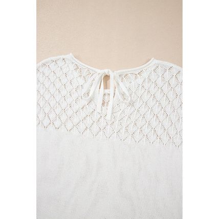 White Eyelet Knit Tied Back Short Sleeve Sweater