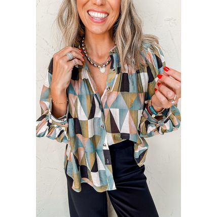 Green Geometric Print Buttoned Balloon Sleeve Loose Fit Shirt