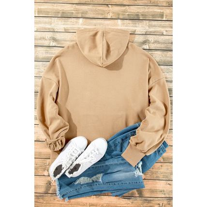 Parchment Fleece Lined Half Zipper Kangaroo Pockets Loose Hoodie