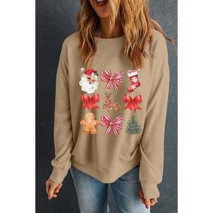 Khaki Christmas Pattern Graphic Crew Neck Sweatshirt