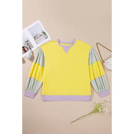 Yellow Striped Color Block Patchwork Crewneck Plus Size Pullover Sweatshirt