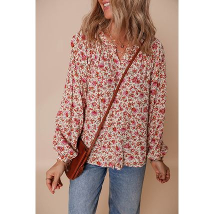 Red Floral Print Pleated Detail Notched Neck Puff Sleeve Blouse