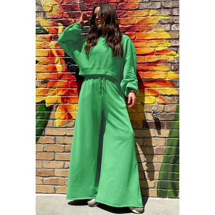 Bright Green Drop Shoulder Puff Sleeve Crop Pullover Drawstring Wide Leg Pants S