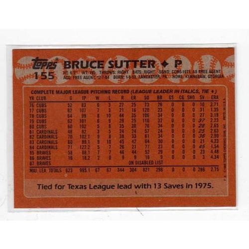 1988 Topps Bruce Sutter baseball card #155 -HOF- Braves
