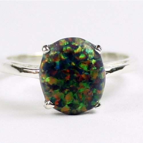 Created Black Opal, 925 Sterling Silver Ladies Ring, SR055