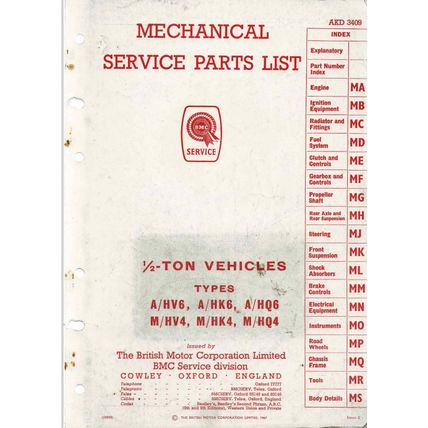BMC Half Ton Commercial Vehicles Parts List Catalogue AKD3409 1967 PDF