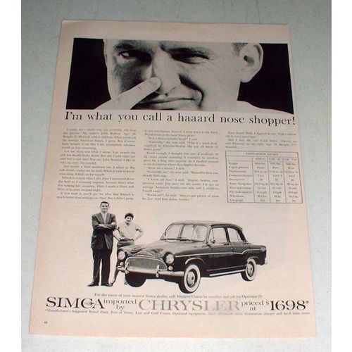1960 Chrysler Simca Car Ad - A Haaard Nose Shopper
