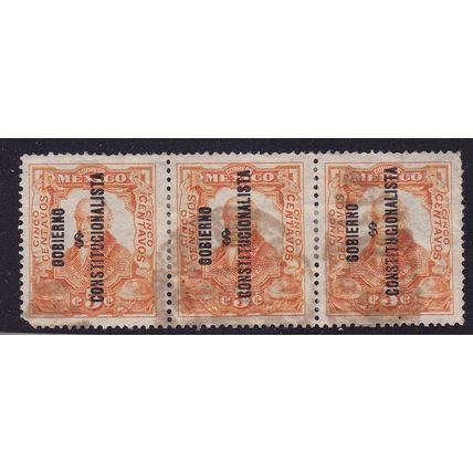 MEXICO 1914 GOBIERNO CONSTITUCIONALISTA 5c ORANGE STRIP OF 3 USED SGCT62 X 3