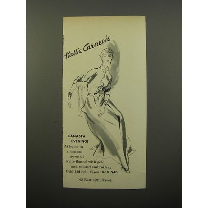 1950 Hattie Carnegie Hostess Gown Ad - Canasta Evenings