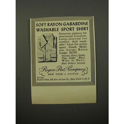 1950 Rogers Peet Sport Shirt Ad - Soft rayon gabardine washable sport shirt