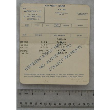 1960 payment card Vacmaster, Liverpool - Oliver, Carlton, Goole