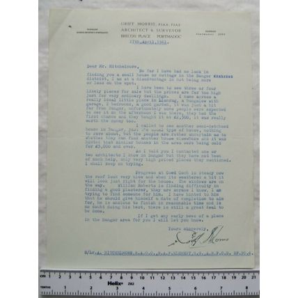 1961 letter Griff Morris, Portmadoc re small house or cottage Bangor