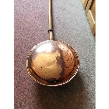 Vintage/Antique, Copper/Brass, Large Bed Warmer/Warming Pan - Long Wood Handle