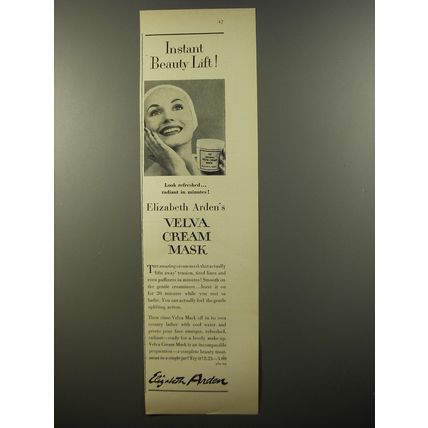 1954 Elizabeth Arden Velva Cream Mask Ad - Instant beauty lift
