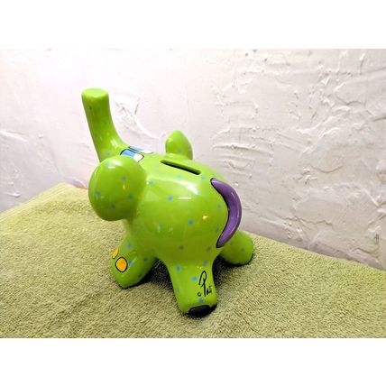 Ganz Green Elephant Piggy Bank - Pati - Green Polka Dots, Purple Tail / Stopper
