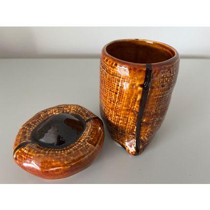 JAPANESE CERAMIC COFFEE JAR - BROWN HESSIAN SACK EFFECT