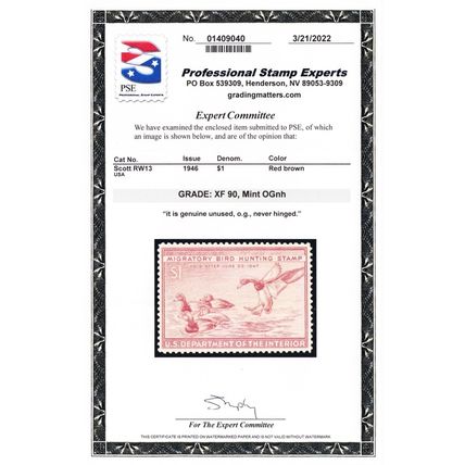 RW13, Mint XF NH $1 Duck Stamp - PSE Graded 90 * Stuart Katz