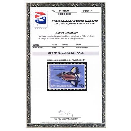 RW45, Mint Superb NH $15 Duck Stamp - PSE Graded 98 * Stuart Katz