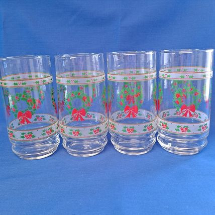 Lot 4 Indiana Glass VICTORIAN CHRISTMAS TUMBLERS 14 oz Wreath Holly Ribbon Drink