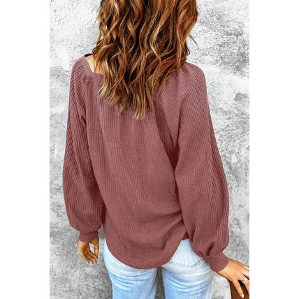 Square Neck Puff Sleeve Waffle Knit Top