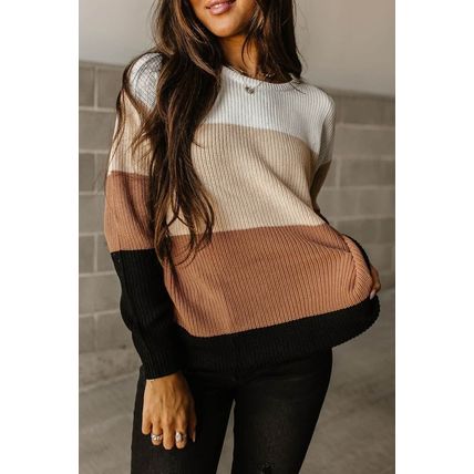 Parchment Color Block Knitted O-neck Pullover Sweater