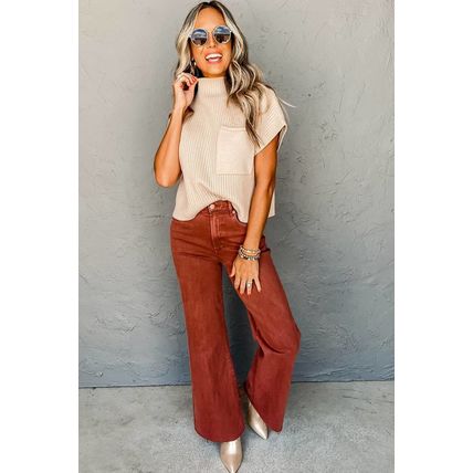 Oatmeal Patch Pocket Ribbed Knit Short Sleeve Sweater