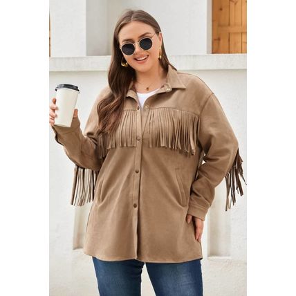 Khaki Fringe Trim Plus Size Suede Shacket