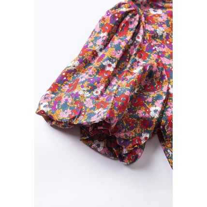 Purple Floral Print Knotted High Neck Puff Sleeve Blouse