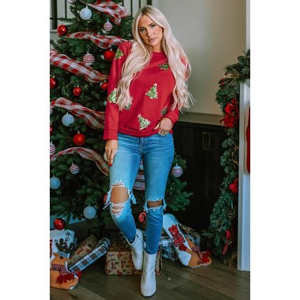 Fiery Red Sequined Christmas Tree Raglan Sleeve Sweatshirt