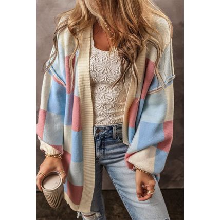 Light Blue Checkered Drop Shoulder Exposed Seam Open Front Cardigan