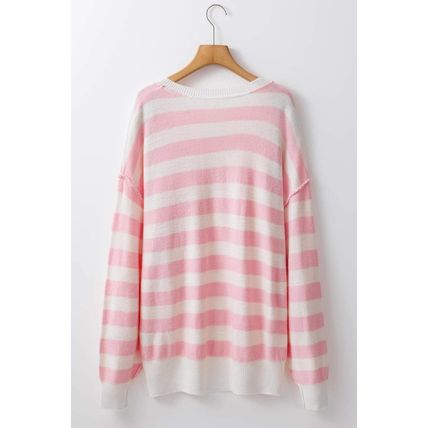 Pink Stripe Half Buttons Drop Shoulder Sweater
