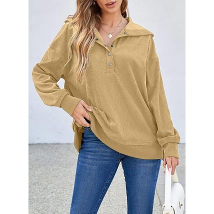 Simply Taupe Solid Ribbed Knit Buttoned Drop Shoulder Oversized Hoodie