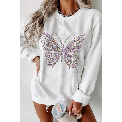 White Rhinestone Butterfly Graphic Crewneck Oversized Sweatshirt